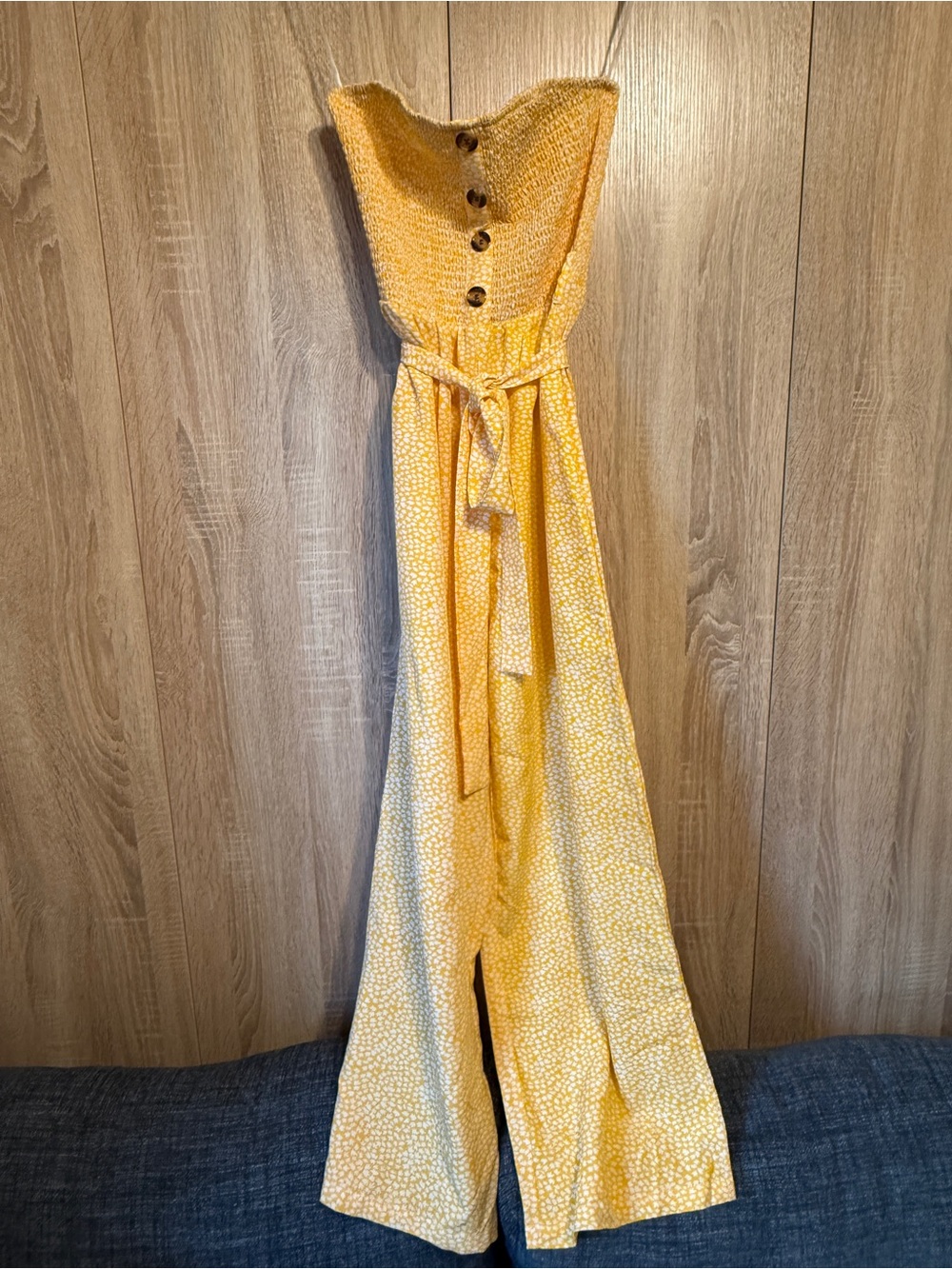 SHEIN Yellow Strapless Smocked Button-Front Jumpsuit